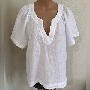 J Crew White Linen Flutter-Sleeve V Neck Blouse Size Large
